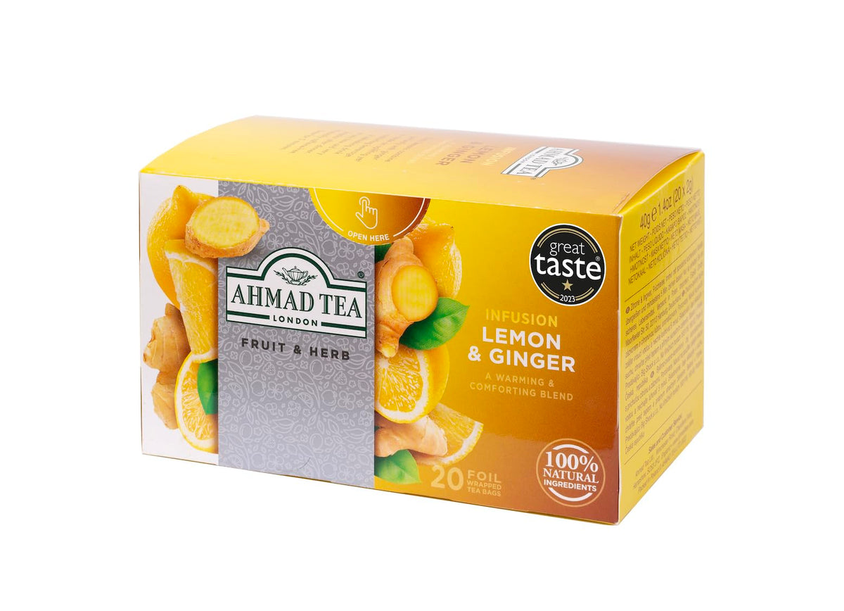 Ahmad Tea Sachet Infusion Foil-Enveloped Teabags, Lemon and Ginger, 20 Count (Pack of 6)