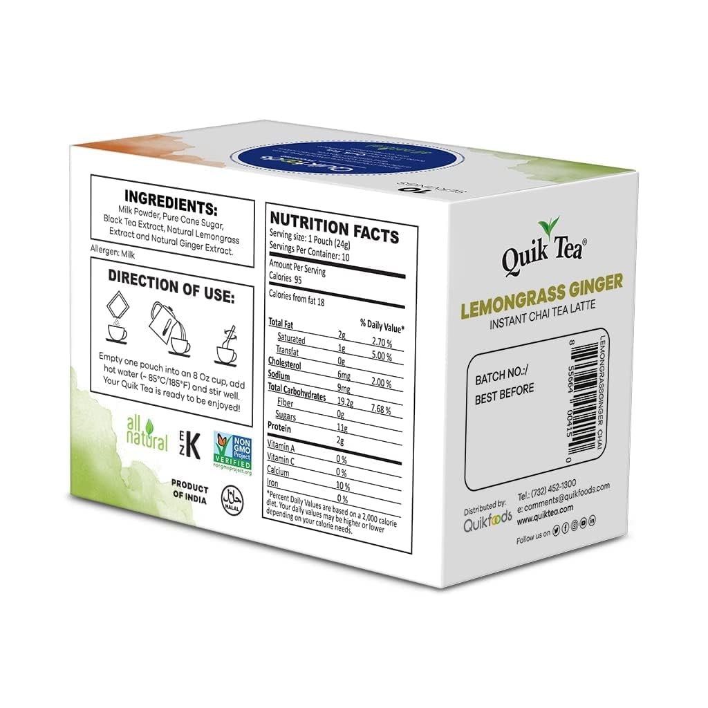 Quik Tea Lemongrass Ginger Instant Chai Tea Latte - 10 Count Single Box - All Natural Digestion Tea | Just add hot water