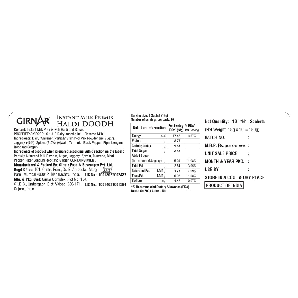 Girnar Instant Milk Premix with Turmeric and Spices 3.17 oz (90 g) | 5 Single Serve Sachets | Easy Chai (Just add Hot Water and Stir) (Single Pack)