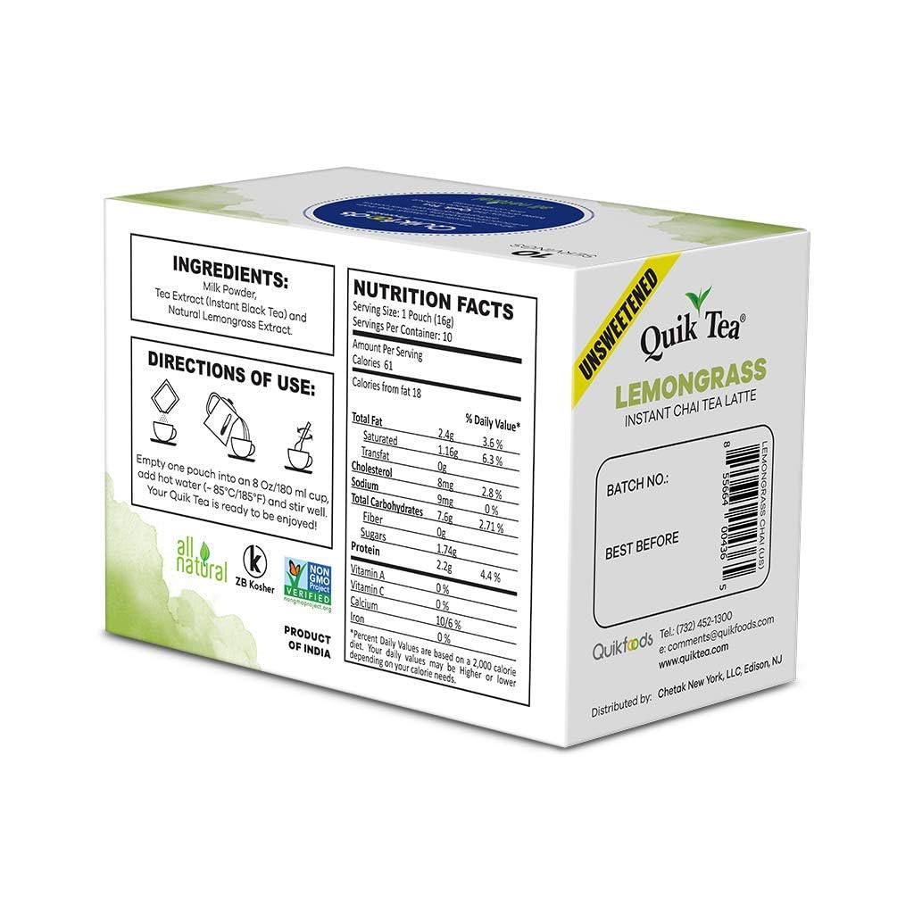 Chai Tea Latte - Unsweetened Lemongrass Chai - 100 Pouches By QuikTea