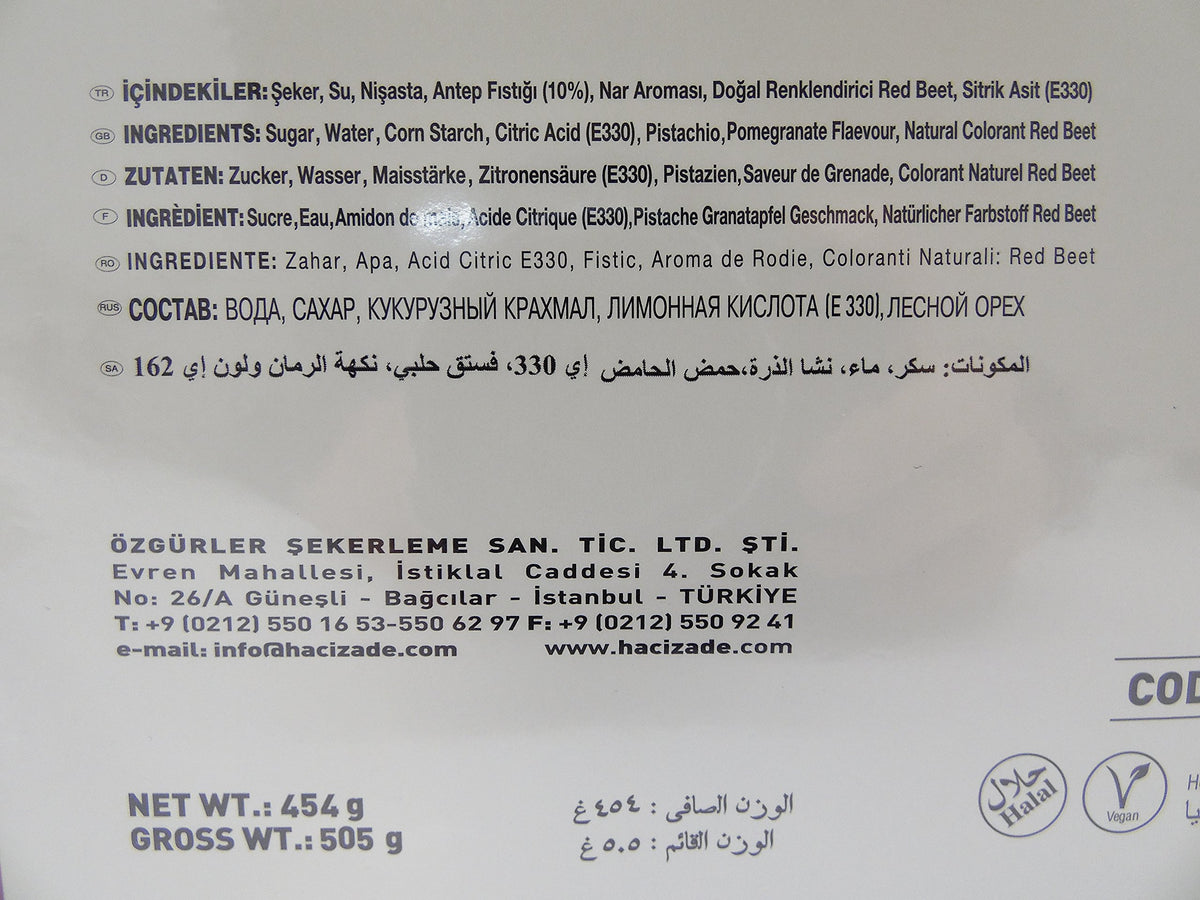 Hacizade Turkish Delight W Pomegranate & Pistachio 16 oz, Narli-Fistikli Lokum