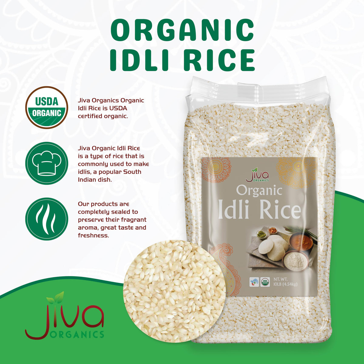 Jiva Organic Idli Rice 10 Pound Bag - Non-GMO, USDA Organic, Vegan, Perfect for Idli & Dosa - Short Grain Parboiled Rice