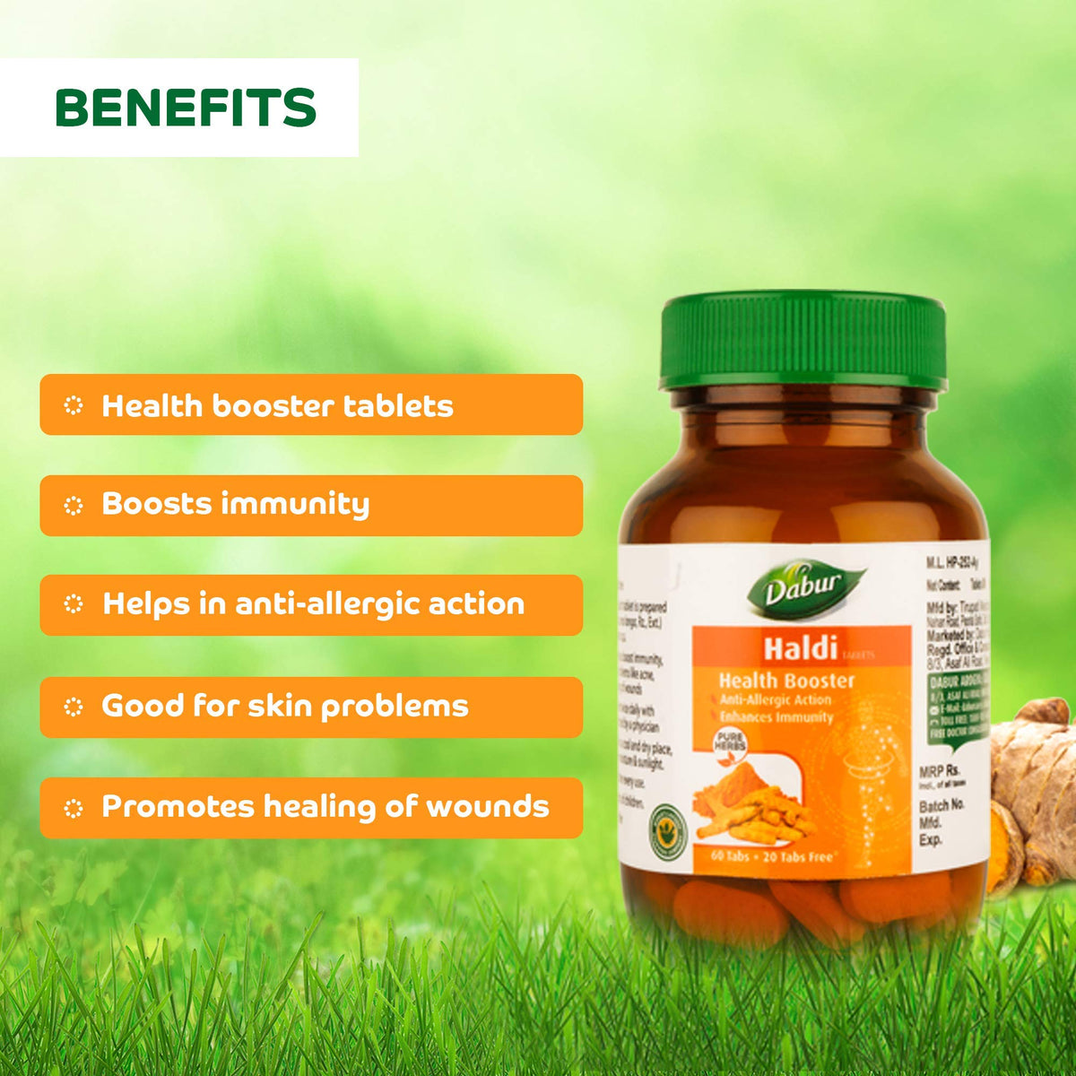 Dabur Haldi Tablet - Health Booster | Anti Allergen | Enhances Immunity (Pack of 2, 160 Tablets)