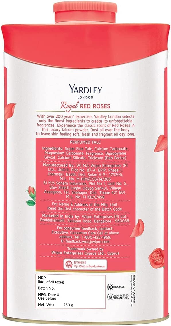 Yardley London Fresh Floral Fragrance Locked in a Fine & Silky Perfumed Talcum Powder (Yardley London Royal Red Rose, Pack of 2 250Gram) - Skin Care