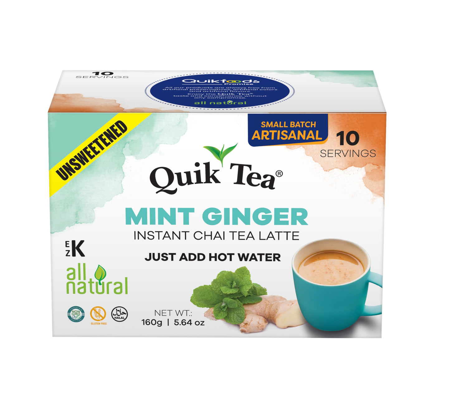 QuikTea Mint (Pudina) Ginger Chai Tea Latte - 10 Count Single Box - All Natural & Preservative Free Authentic Instant Chai Tea - Just Add Hot Water! (Unsweetened)