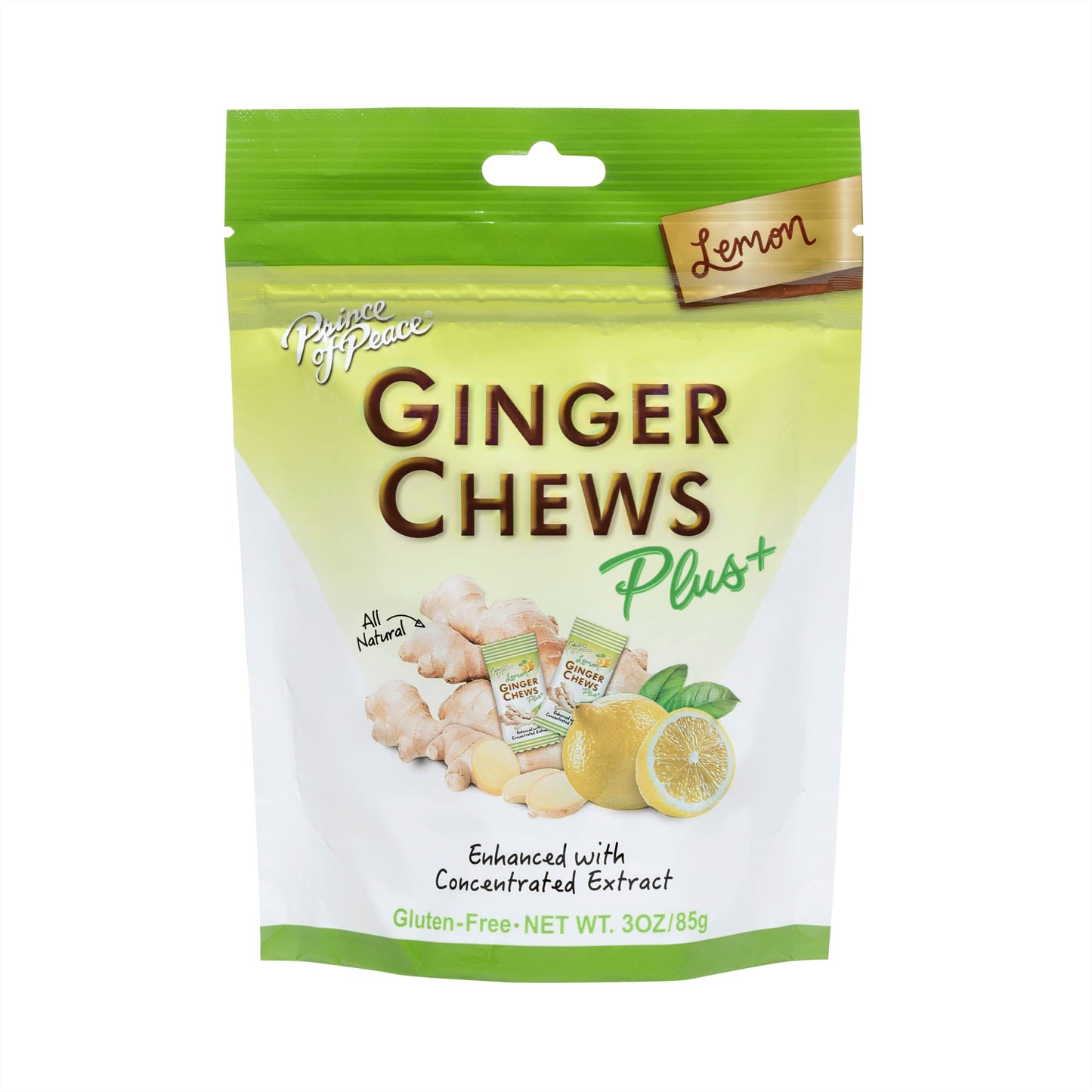 Prince of Peace Ginger Chew Plus+ with Lemon, 3 oz. Bag Digestive Aid, Relief, Healthy Candy, Stomach Aid