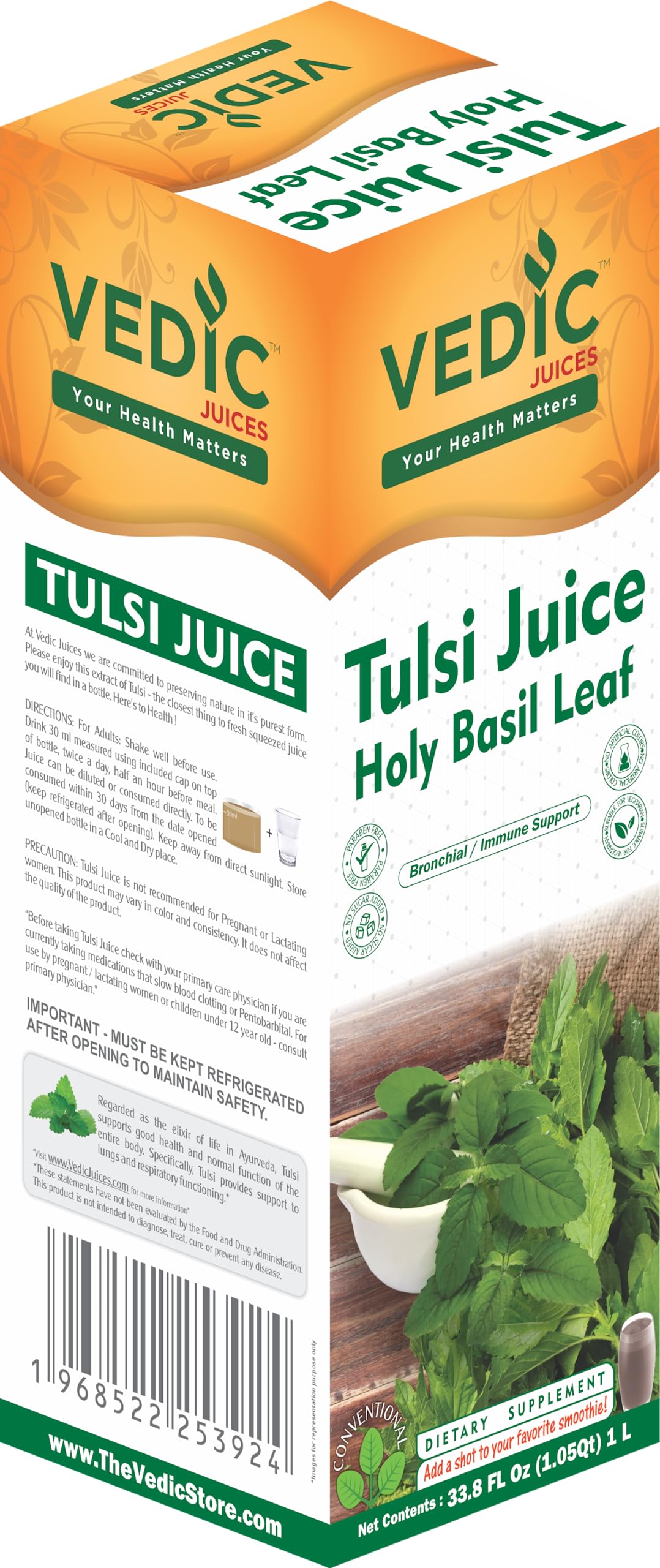 Vedic Juices Tulsi Juice 1 L - Natural Juice for Daily Use - 33.8 Floz