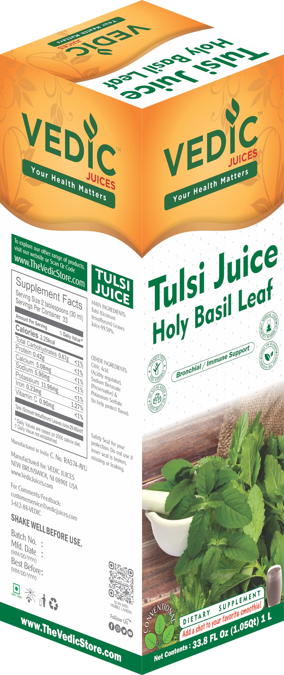 Vedic Juices Tulsi Juice 1 L - Natural Juice for Daily Use - 33.8 Floz