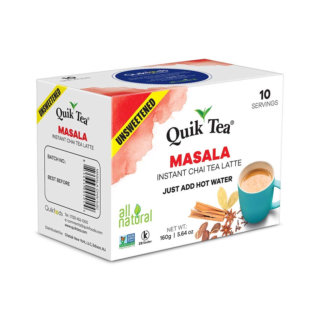 QuikTea Unsweetened Masala Chai Tea Latte - 20 Count (2 Boxes of 10 Each) - All Natural Preservative Free Authentic Chai from Assam & Darjeeling