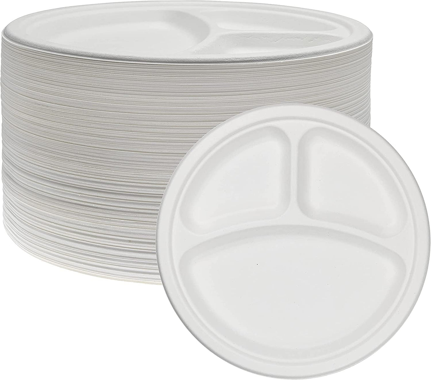 200 Pack 10 INCH 3 COMPARTMENTS Bagasse Plates 100% Disposable 3 Compartment Plates Eco-Friendly Disposable