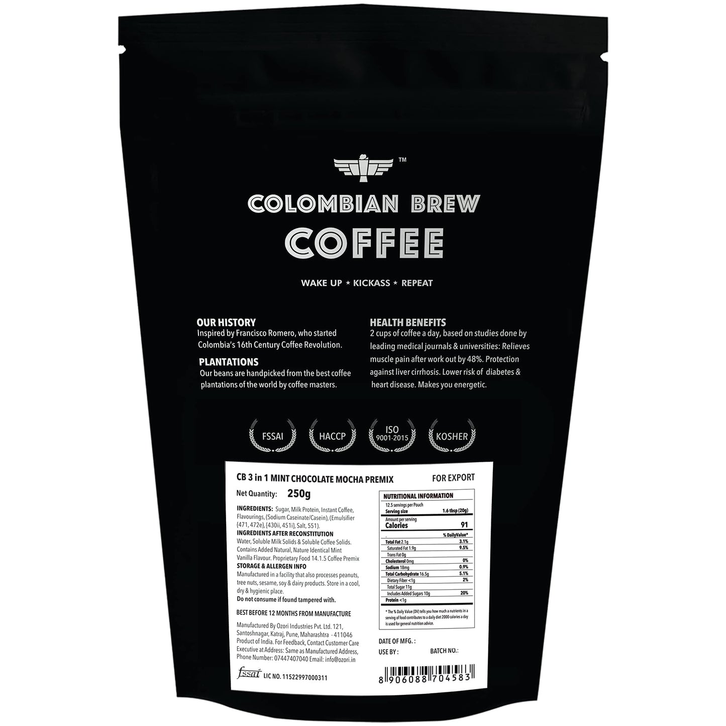 Colombian Brew Mint Chocolate Mocha Instant Coffee, No Sugar Vegan, 250g