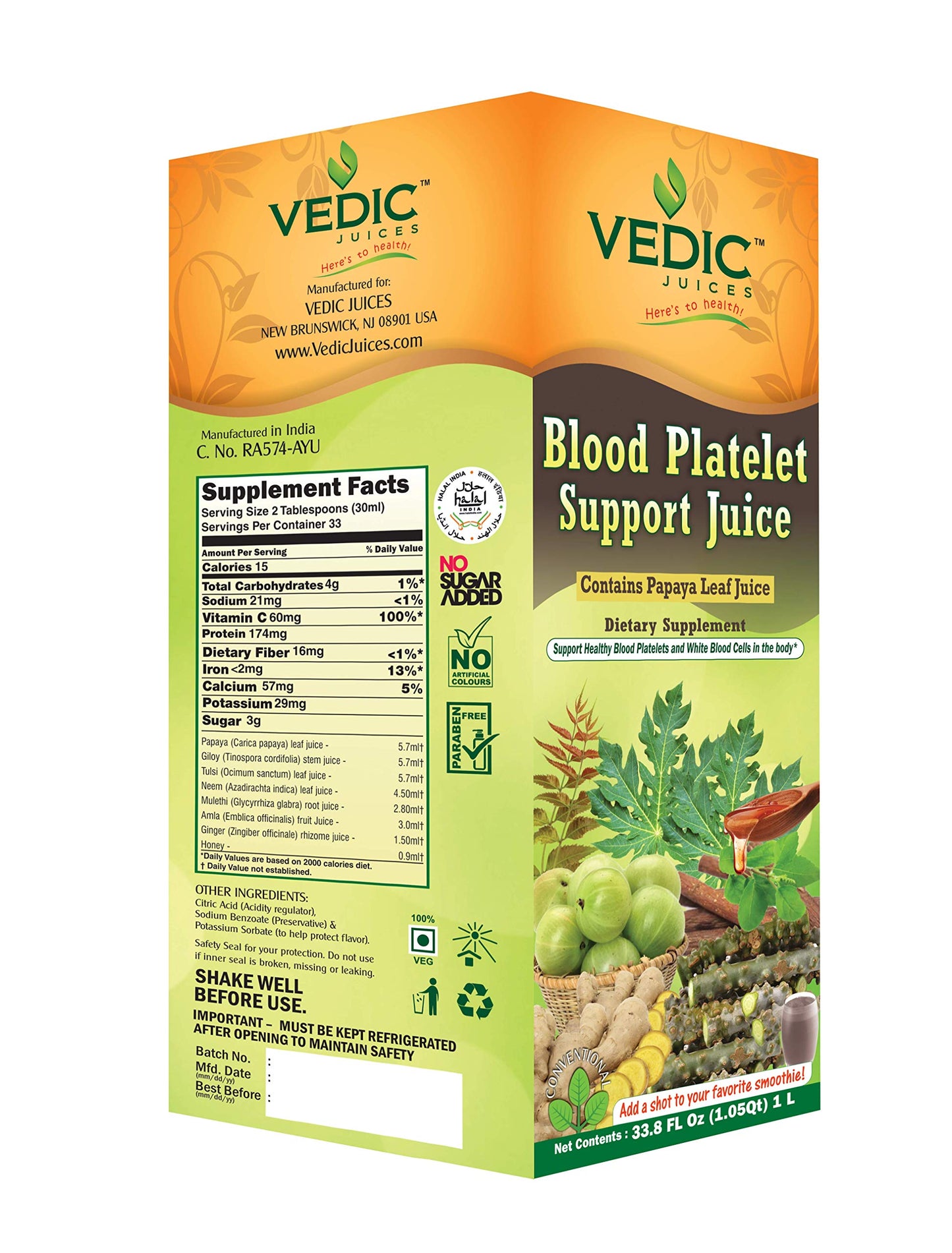 Vedic Juice Papaya Leaf + Flavor Papaya - Blood Platelet Juice - Supports Immune & Digestive Enzyme Health - 33.8oz, Ideal for Daily Use