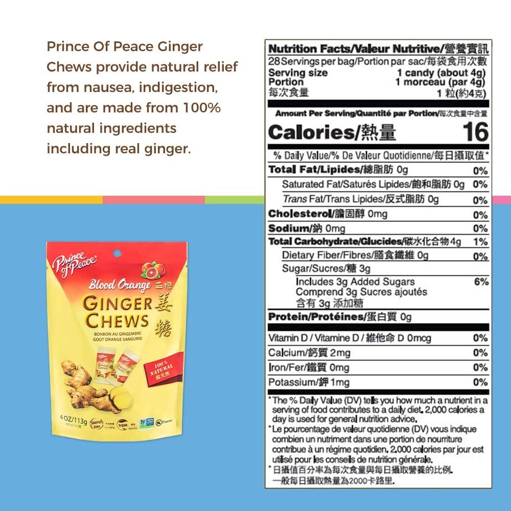 Prince of Peace Blood Orange Ginger Chews, 4 oz. Candied Ginger Candy Pack Ginger Chews Candy Natural Candy