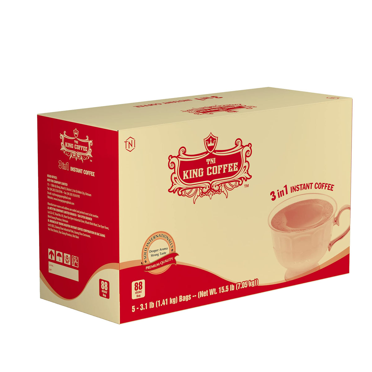 King Coffee Premium Instant Coffee - 3 in 1 Vietnamese Coffee Blend w/ Creamer & Sugar - 440 Single Serve Instant Coffee Packets (5 Bags - 440 Sticks)