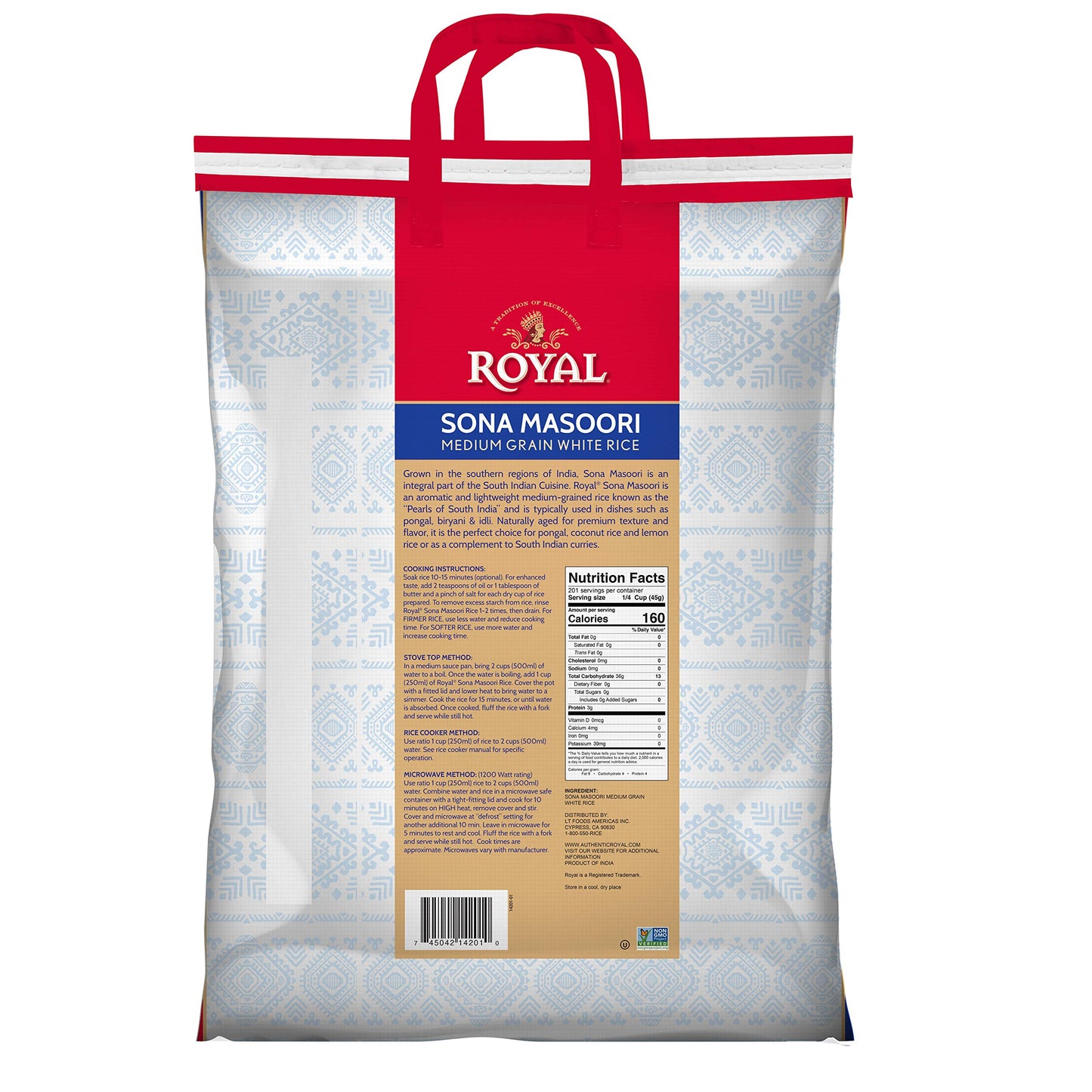 Royal Sonamasuri Medium Grain White Rice 20 lbs