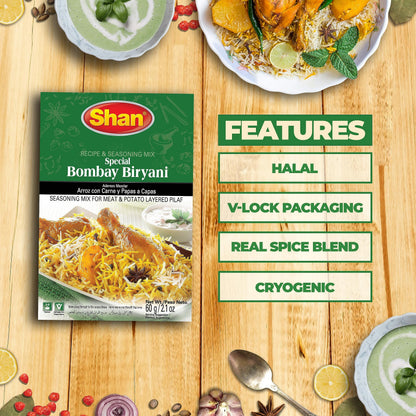 Shan - Bombay Biryani Seasoning Mix (60g) - Spice Packets for Spicy Meat Pilaf (Pack of 6)