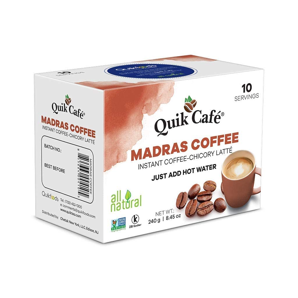 Quik Caf Madras Coffee - Single Box 10 Count - All Natural & Preservative Free Instant Coffee.