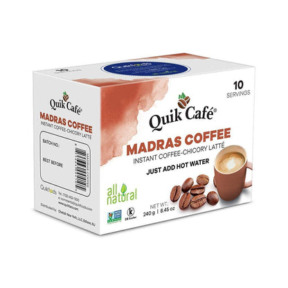 Quik Caf Madras Coffee - Single Box 10 Count - All Natural & Preservative Free Instant Coffee.
