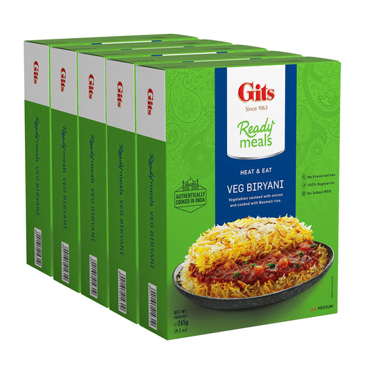 Gits Vegetable Biryani long grain aromatic Indian Basmati rice. Microwave for 1-2 mins | Ready to Eat Entre | 46.5 Oz (Pack of 5 X 9.3 Oz each)