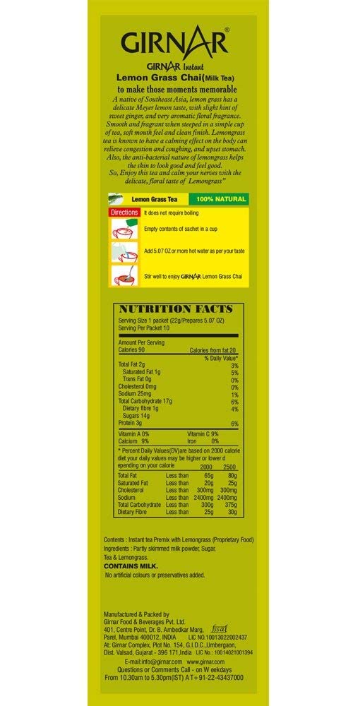 Girnar Instant Chai (Tea) Premix With Lemongrass, 10 Sachet Pack