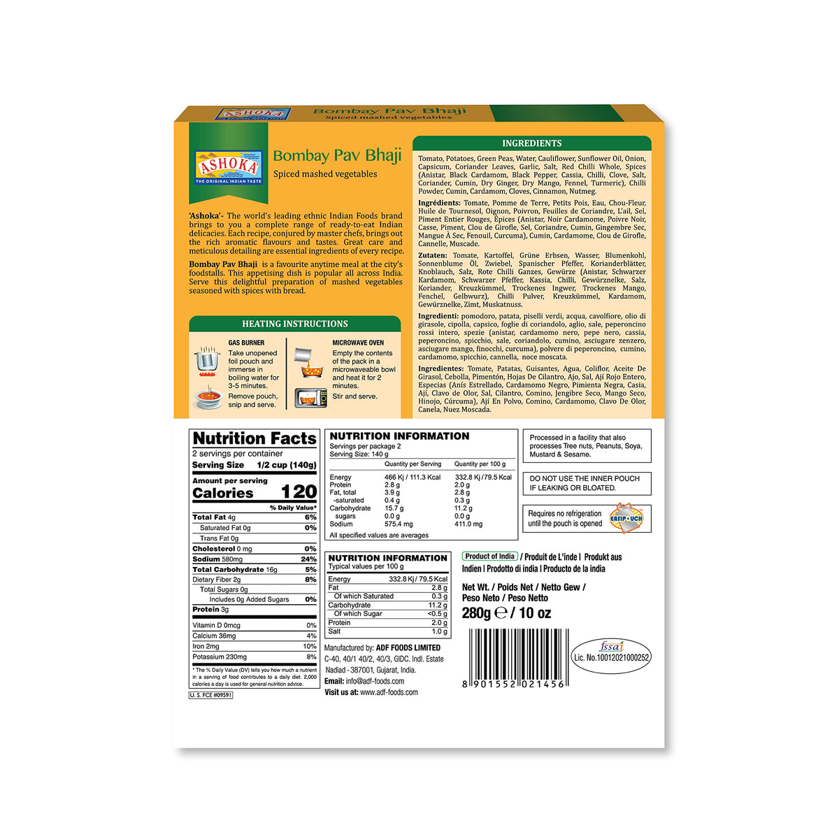 Ashoka Ready to Eat Indian Meals Since 193, 100% Vegan Mashed Vegetable Curry, All-Natural Traditionally Cooked Indian Food, Plant-Based, Gluten-Free, and with No Preservatives, 10 Ounce (Pack of 10)