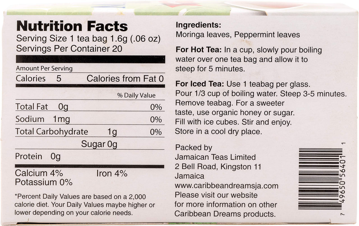 Caribbean Dreams Moringa Mint Natural Herbal Tea 20 Tea Bags