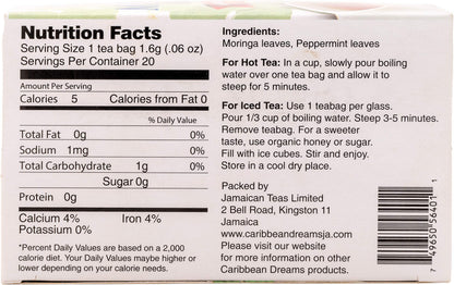 Caribbean Dreams Moringa Mint Natural Herbal Tea 20 Tea Bags