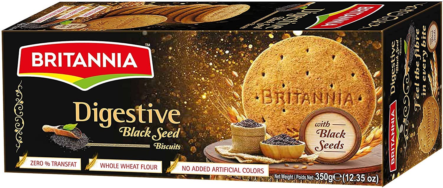 BRITANNIA Black Seed Digestive Biscuits 12.34oz (350g) - Whole Wheat Flavor Cookies - Healthy Snacks, Whole Grain Crackers - Suitable for Vegetarian (Pack of 1)