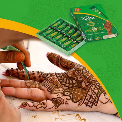 Neha Heena Cone Indian Traditional Heena Cone Set of 12 Temporary Tattoo India Painting Tattoo Paste Cone, 12 Tubes Brown Paste Cone Indian Body Art Painting Drawing