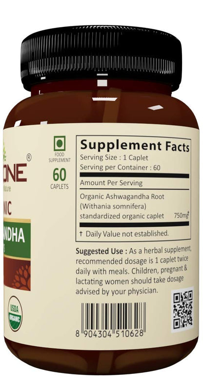 Vedaone Organic Ashwagandha Caplet - 750mg Each 60 Caplets (1 Month Supply)