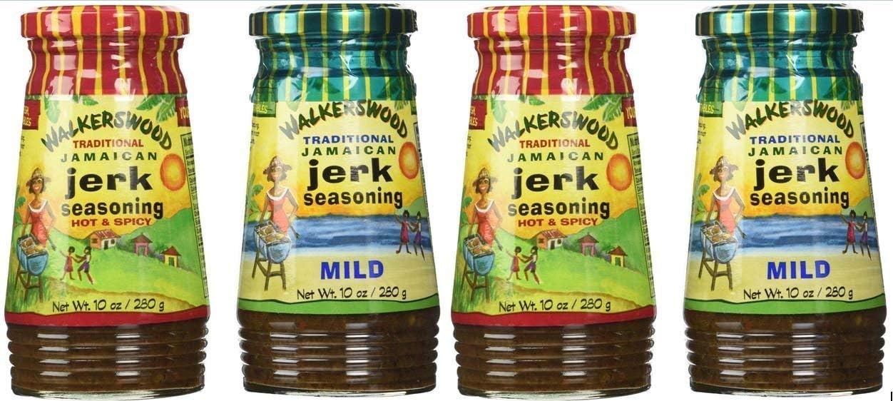 Walkerswood Variety Jerk Seasoning Four Pack - 2 Bottles Each of Hot & Mild, 10 Ounce (Pack of 4)