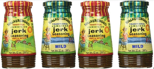 Walkerswood Variety Jerk Seasoning Four Pack - 2 Bottles Each of Hot & Mild, 10 Ounce (Pack of 4)