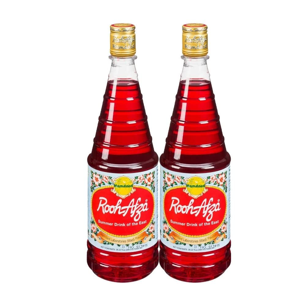 Hamdard Rooh Afza Drink | 800ML | Baking Syrup | Delicious | Vegetarian | Mix into Exotic Cocktails | Pour Over Ice Cream | Traditional Desserts | Nut Free Flavoured Syrup | Indian Origin (Pack of 2)