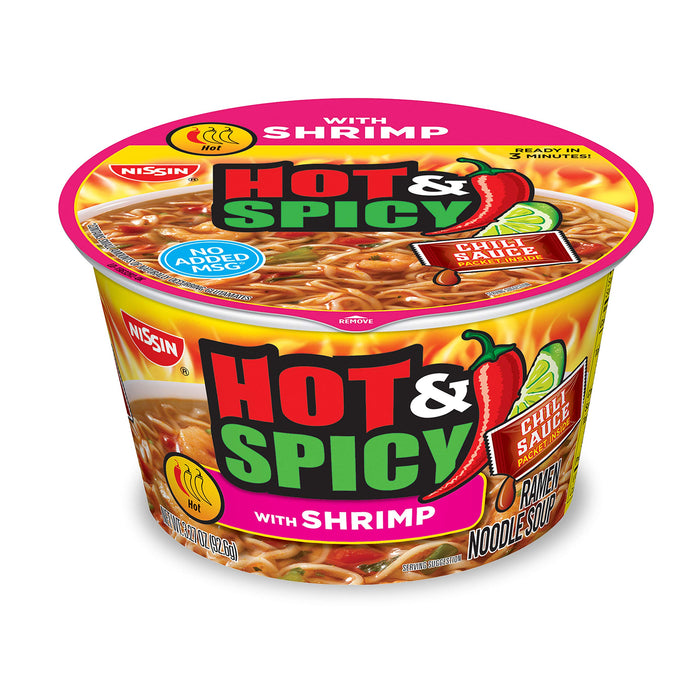 Nissin Hot & Spicy Ramen Noodle Soup, Shrimp, 3.27 Ounce (Pack of 6)