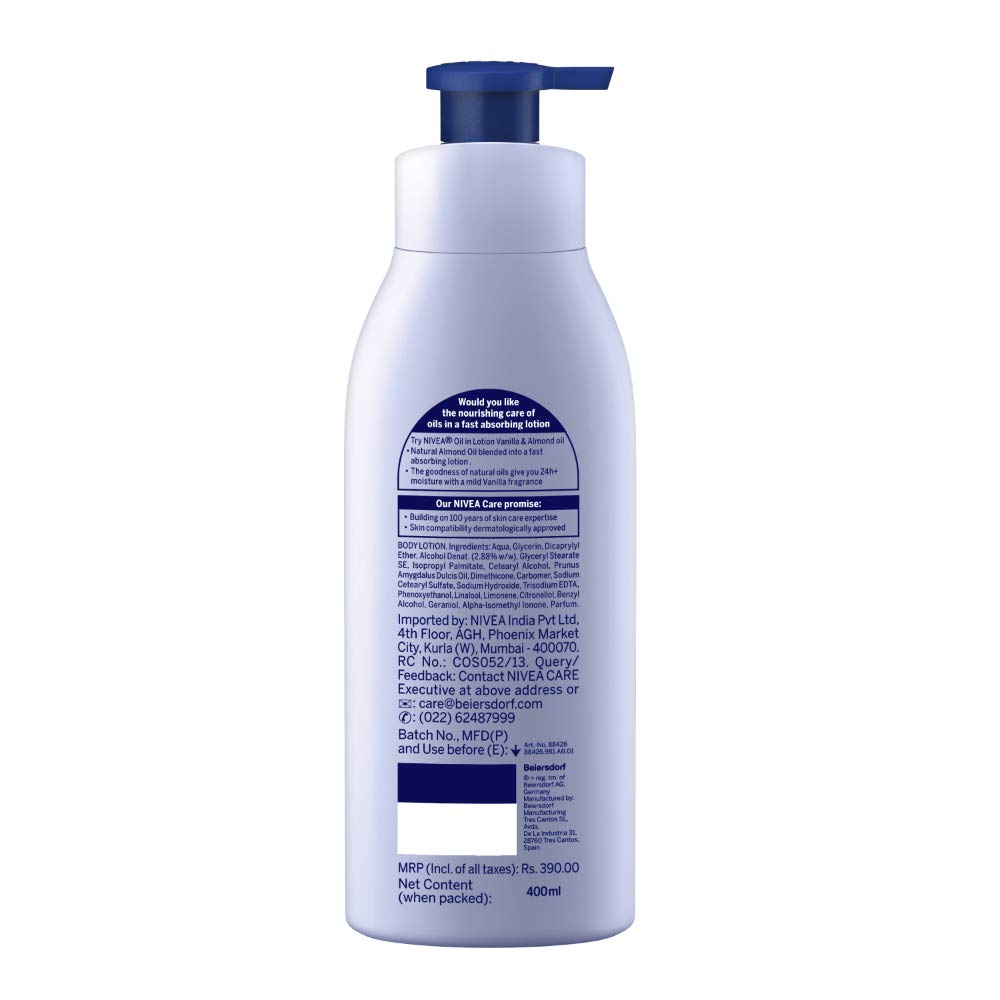 Nivea Vanilla and Almond Oil Body Lotion 400 ml (13.5 oz) - - goodness of natural oil in a fast absorbing lotion. Dry Skin