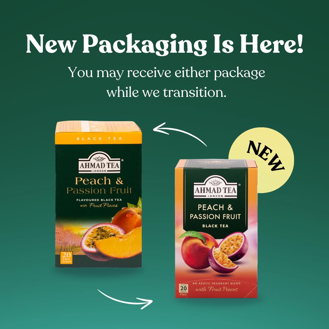 Ahmad Tea Black Tea, Peach & Passion Fruit Teabags, 20 ct (Pack of 1) - Caffeinated & Sugar-Free