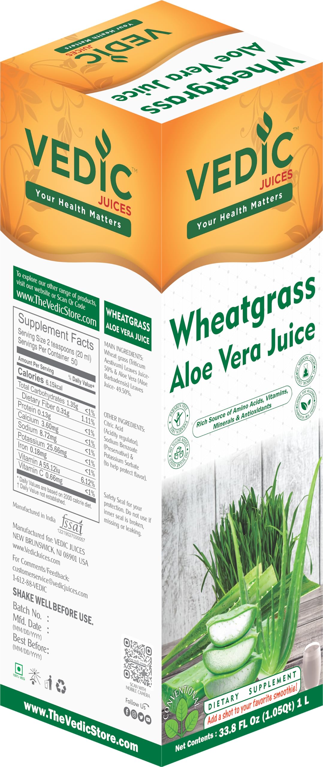 Vedic Juices Premium Quality Aleo Vera Juice Drink with Wheatgrass - 16.9 fl oz, Pack of 1 - Ideal for Daily Use