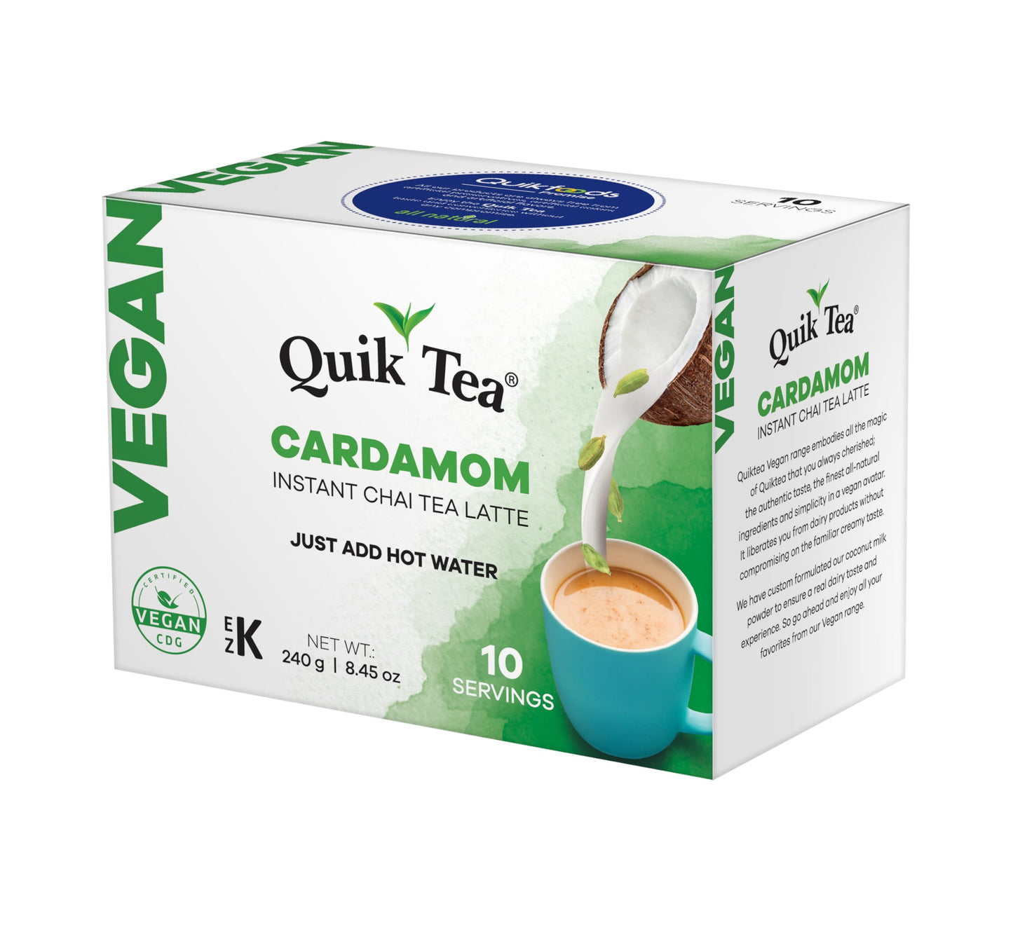 QuikTea Vegan Cardamom Instant Chai Tea Latte - 10 Count Single Box - Easy Ayurvedic Dairy Free Alternative