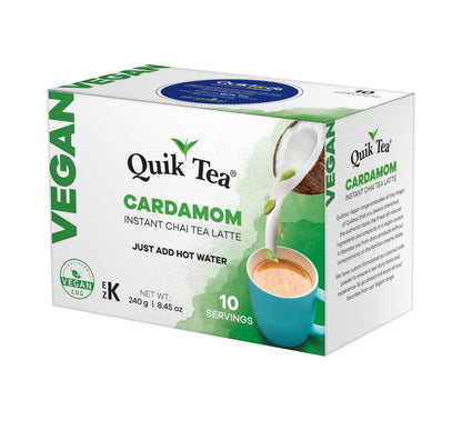 QuikTea Vegan Cardamom Instant Chai Tea Latte - 10 Count Single Box - Easy Ayurvedic Dairy Free Alternative