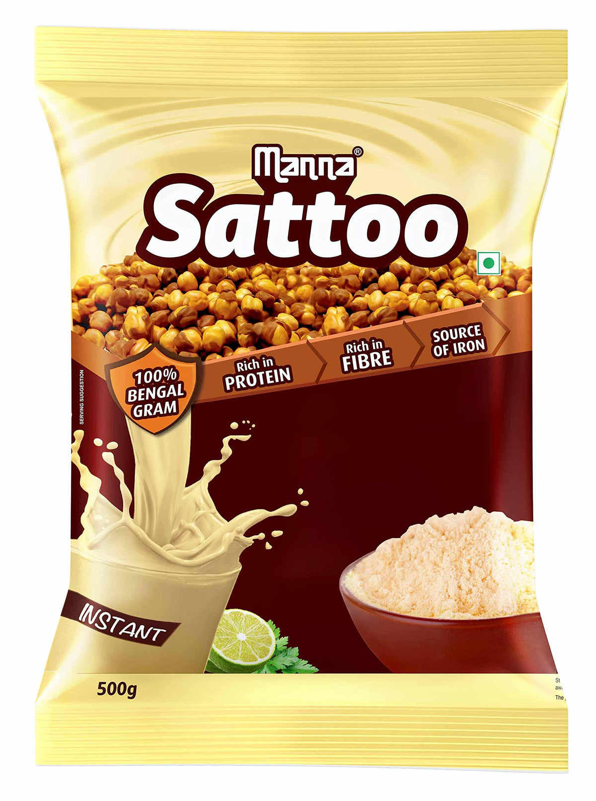 Manna Sattu/Sattoo Drink Mix (Natural) - Indian Protein Mix, High Fibre, Healthy Roasted Chickpeas Flour - 1 Kg (500g x 2 Packs)
