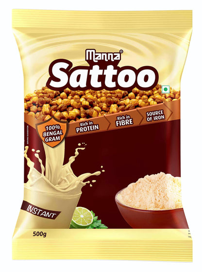 Manna Sattu/Sattoo Drink Mix (Natural) - Indian Protein Mix, High Fibre, Healthy Roasted Chickpeas Flour - 1 Kg (500g x 2 Packs)