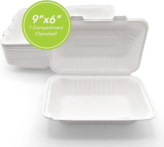 250 Pack 9" X 6" 1 COMPARTMENT BAGASSE CLAMSHELL. Heavy-Duty- Super Strong- Natural- Eco-Friendly Disposable Bagasse Clamshell, 100% Biodegradable 9 x 6 inch clamshell Biryani Box