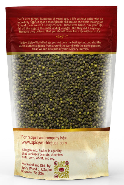 Spicy World Whole Green Peppercorns 4 Oz Bag - Steam Sterilized & All Natural