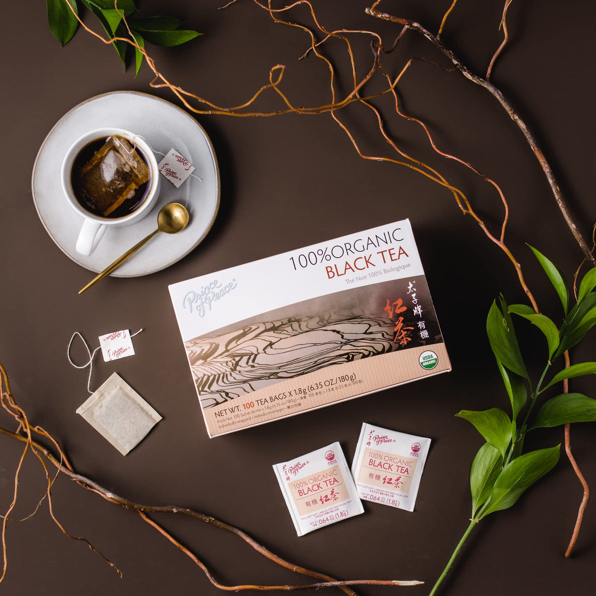 Prince of Peace Organic Black Tea, 100 Tea Bags 100% Organic Black Tea Unsweetened Black Tea Lower Caffeine Alternative to Coffee Herbal Health Benefits