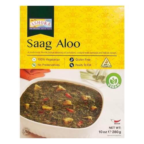 Ashoka 1932 Heat & Serve Meals, Vegan Spinach & Potato, All-Natural, Microwaveable Indian Food, Saag Aloo, Travel Friendly Box, Great for Outdoors, Gluten-Free & with No Preservatives, Pack of 1