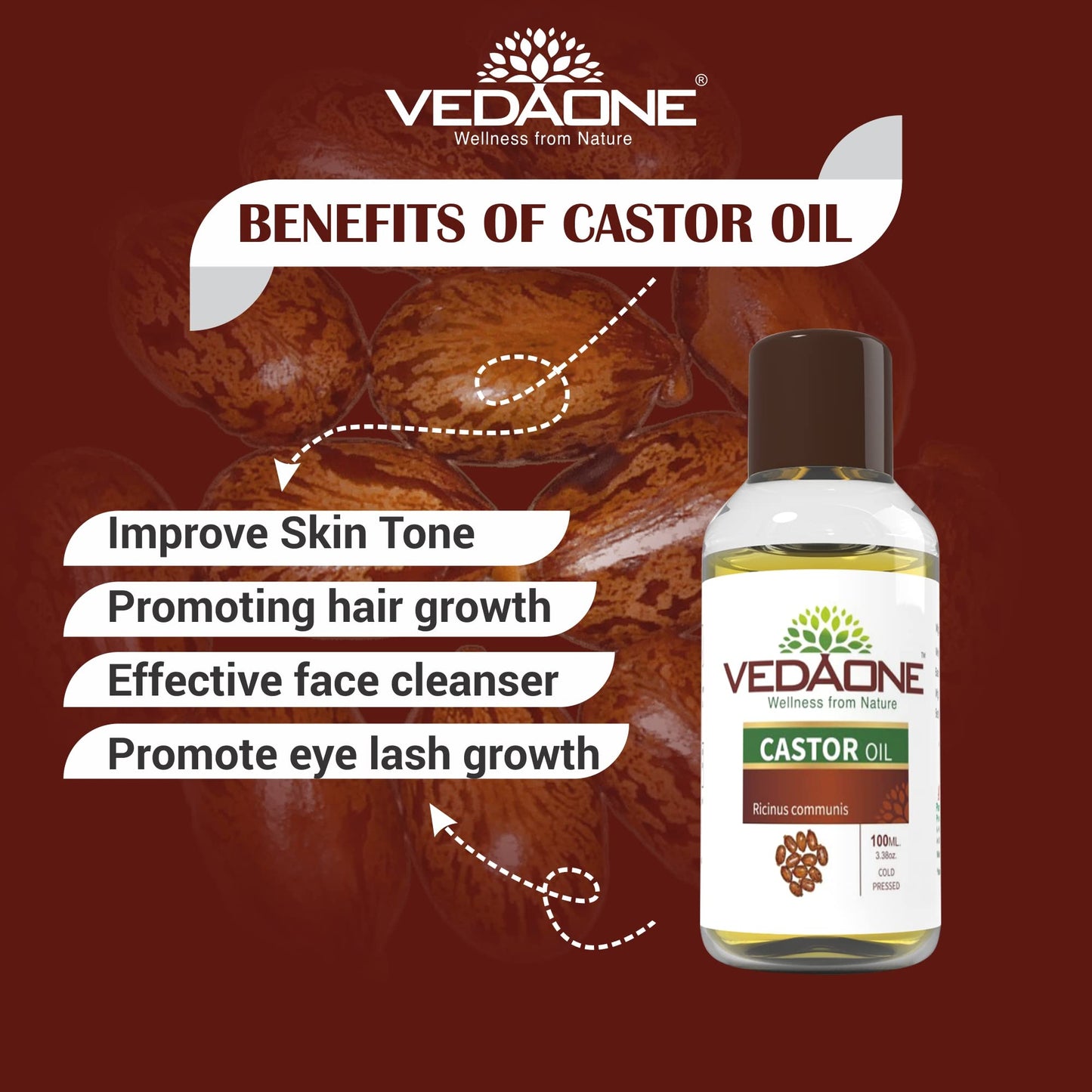 Vedaone 100% Pure Cold Pressed Castor Oil - 100ml for Hair and Skin