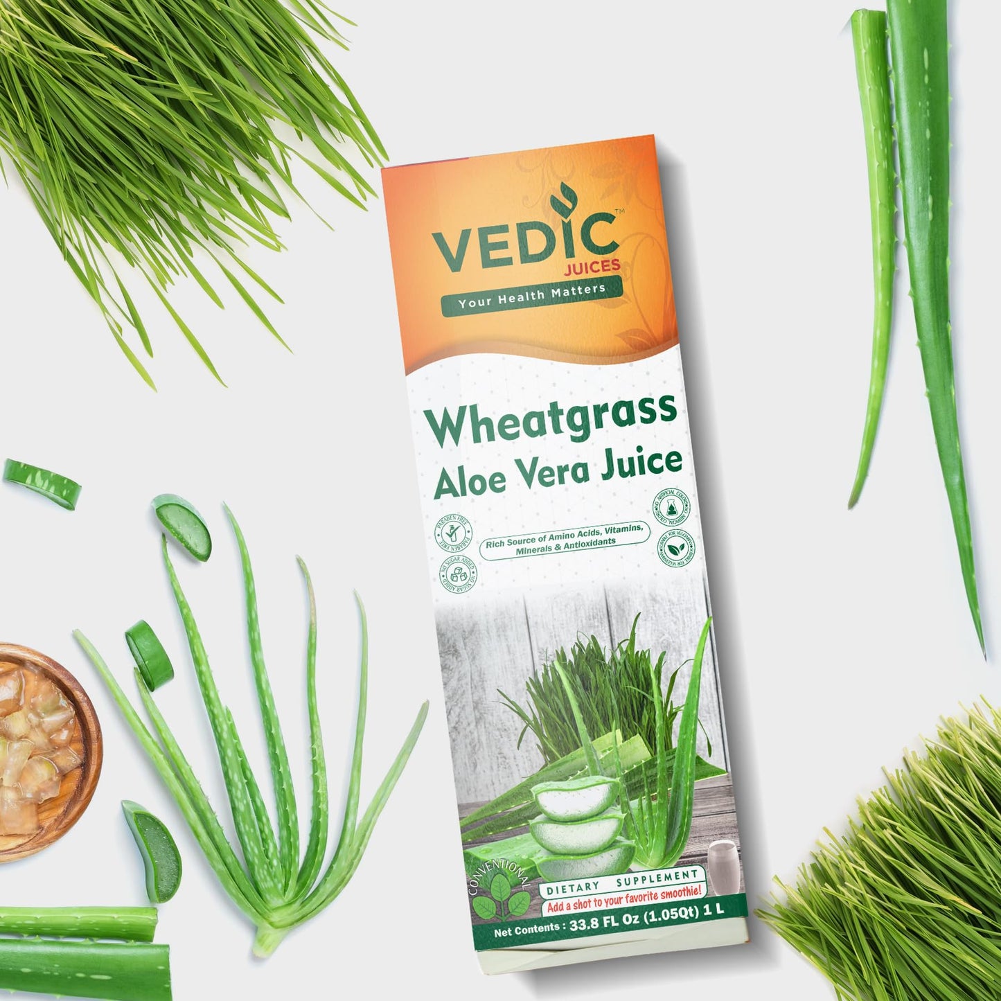 Vedic Juices Premium Quality Aleo Vera Juice Drink with Wheatgrass - 16.9 fl oz, Pack of 1 - Ideal for Daily Use