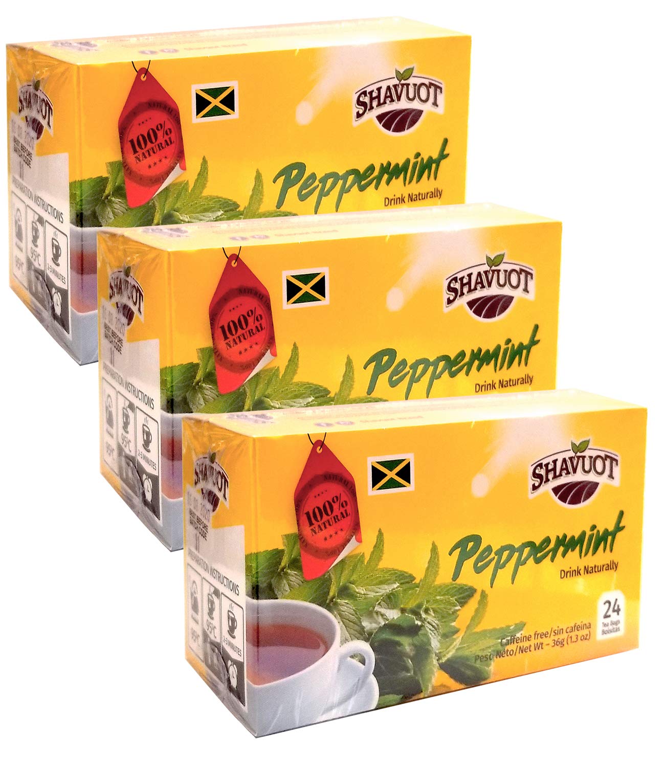 Shavuot 100% Natural Jamaican Peppermint Tea 24 Bags (Pack of 3)