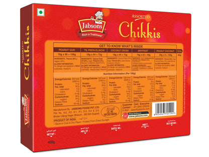 Jabsons - Assorted Chikki Premium Sweets (400g), (Peanuts, Sesame, Cashew, Almond, Coconut Brittle)