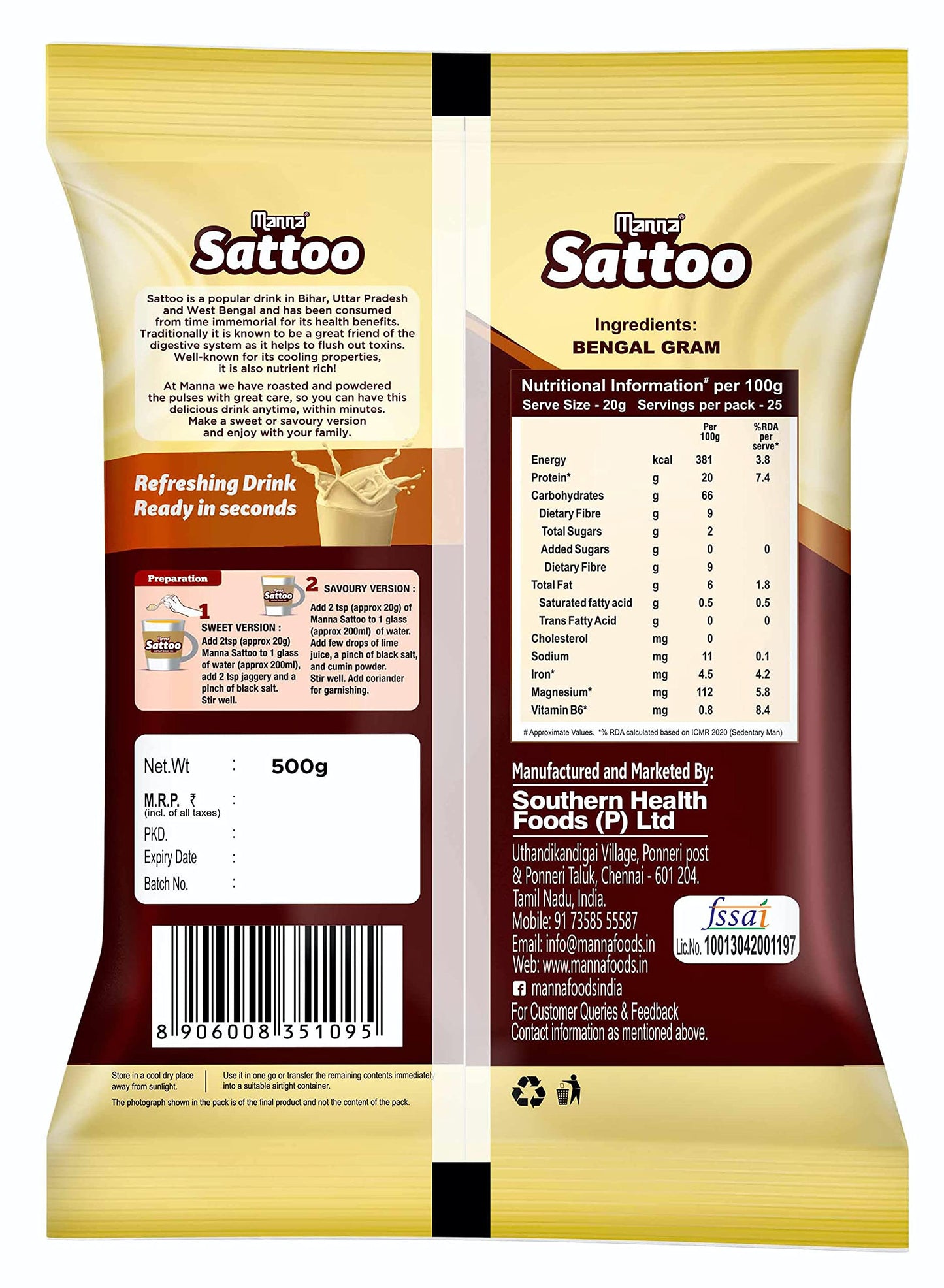 Manna Sattu/Sattoo Drink Mix (Natural) - Indian Protein Mix, High Fibre, Healthy Roasted Chickpeas Flour - 1 Kg (500g x 2 Packs)